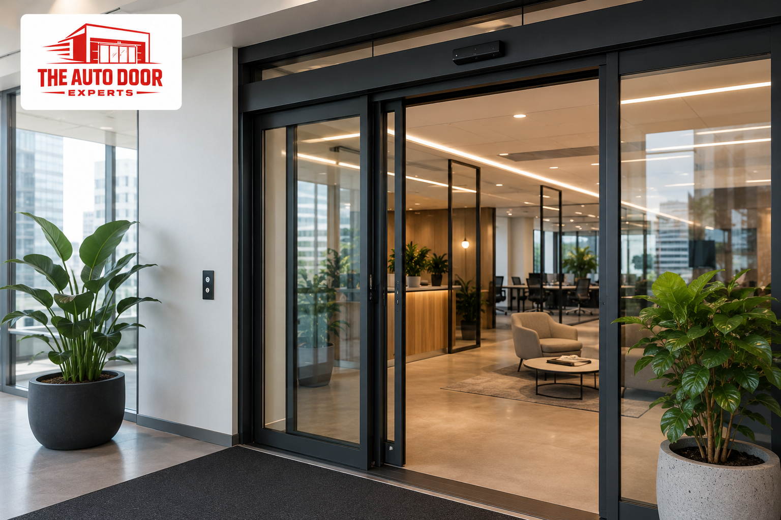 Commercial automatic entrance doors installed at a modern office fitout in Sydney with glass sliding entrance system