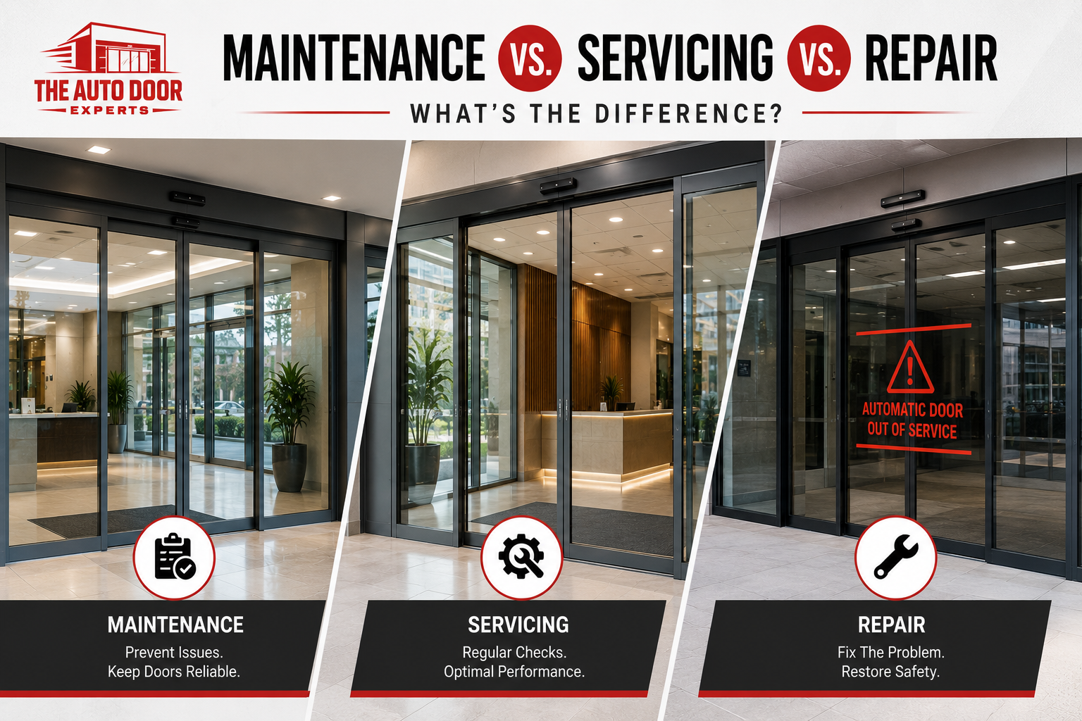 Automatic door maintenance vs servicing vs repair comparison showing commercial automatic sliding glass doors for business entrances by The Auto Door Experts.