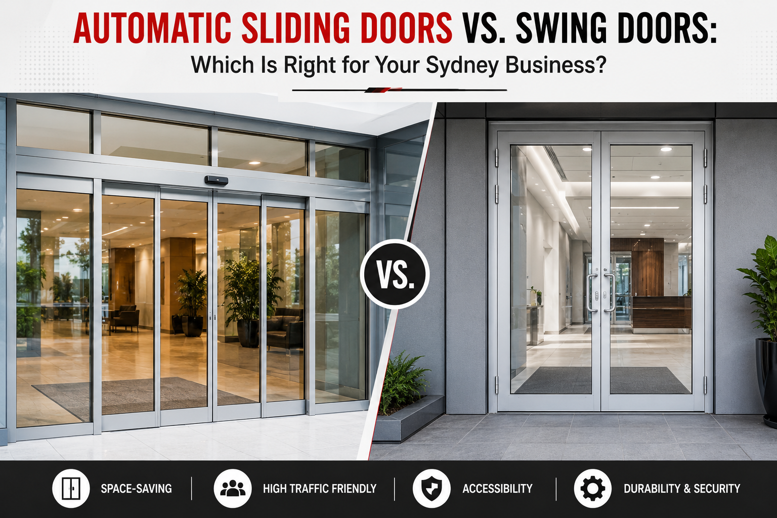 Commercial automatic sliding glass doors vs automatic swing door installation in a Sydney retail shopfront