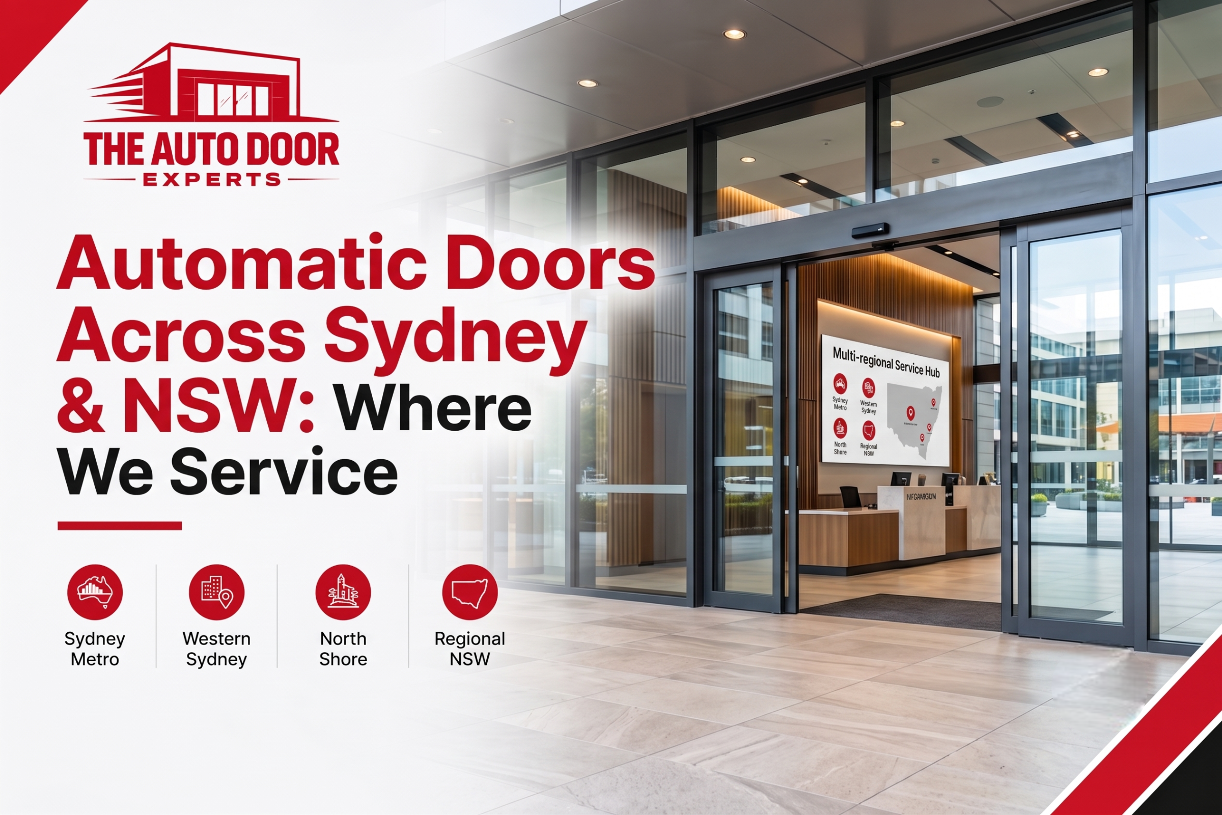 Commercial automatic sliding glass doors installed in a modern Sydney CBD corporate office foyer.