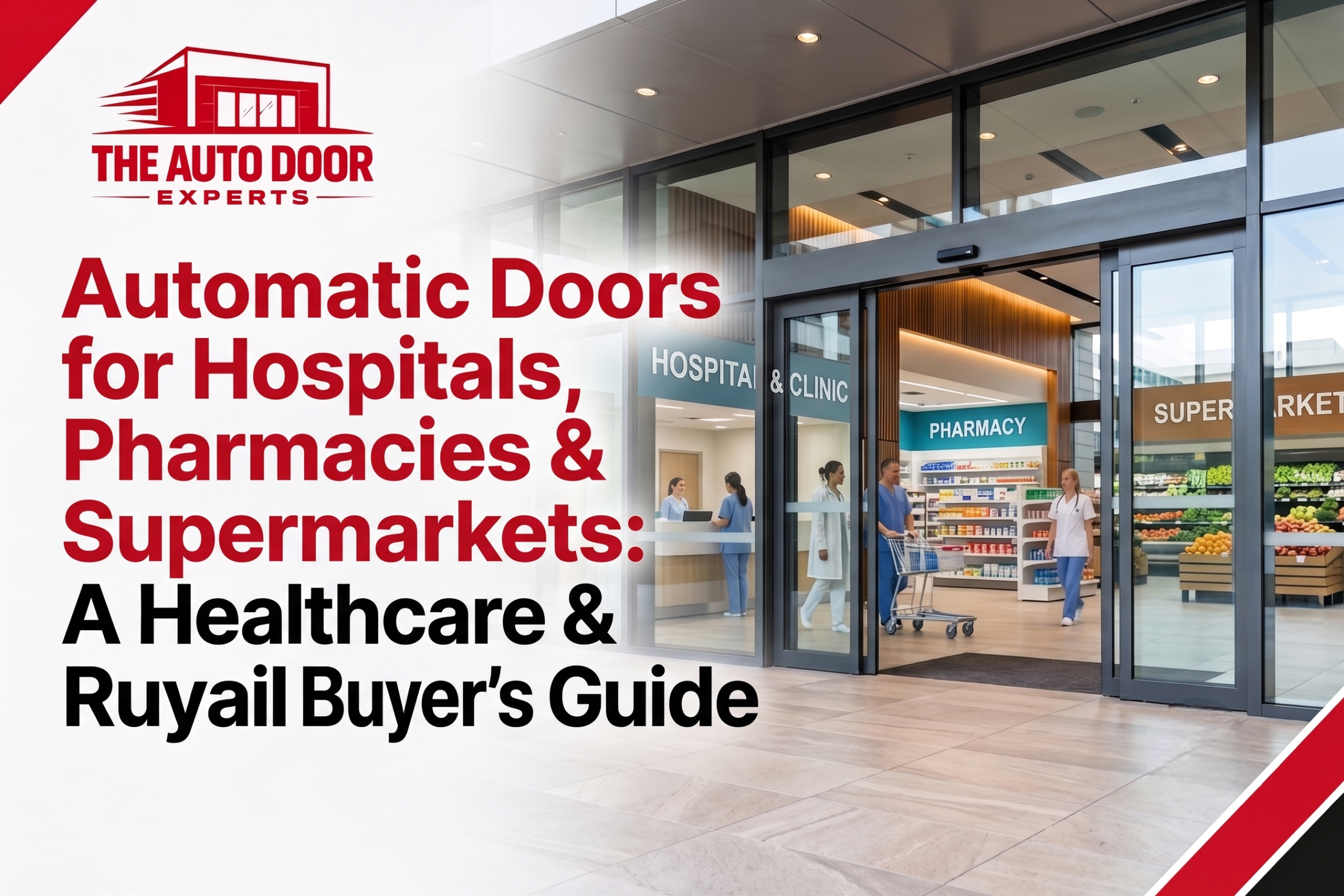 Automatic sliding glass entrance on a modern community pharmacy providing touchless, accessible patient entry.