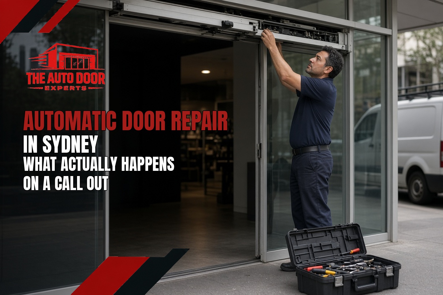 Commercial automatic door technician troubleshooting an overhead sliding door header and safety sensor in Sydney